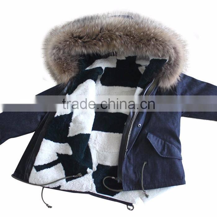 Myfur Latest Design Kids Jeans Parka With Sheep Shearing Fur Lining And Raccoon Fur Hooded Parka for Children