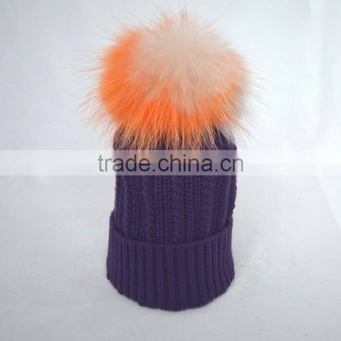 Myfur Popular New Cable Woolen Knitted Hat with Raccoon Pom Pom Top