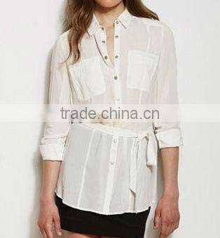 2013 women white sheer chiffon long blouse with belt