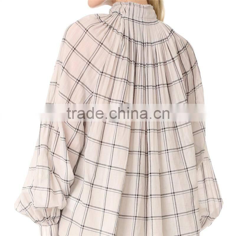 2017 OEM Spring Femme Airy Sand Windowpane Checks Tunic Blouse