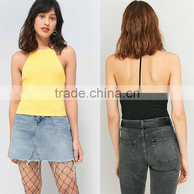 2017 women's best black ribbed sleeveless halter T-back high neck cami tops
