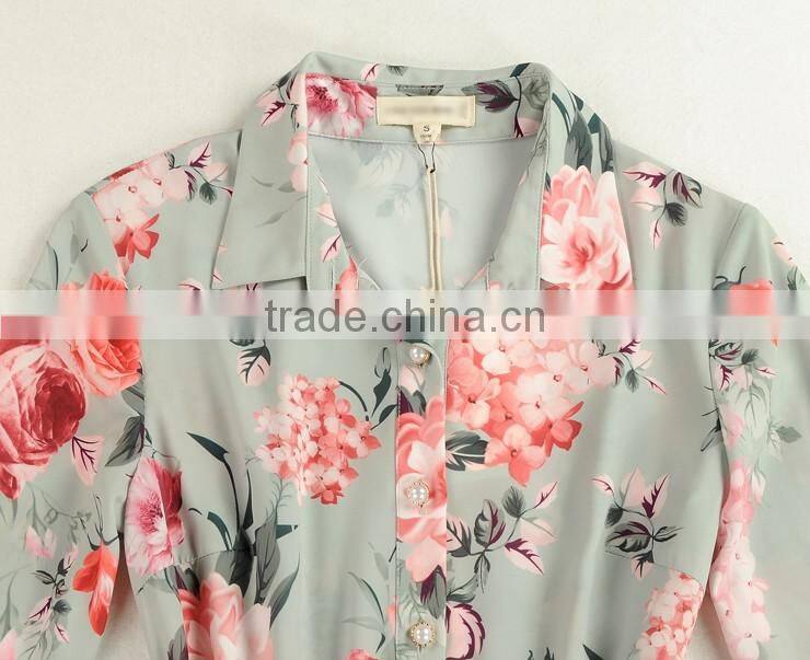 Ladies full printing bouffant lotus long sleeve temperament dress with belt