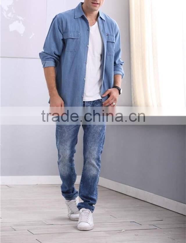 Big yards of cotton in the summer of men's denim shirts with short sleeves