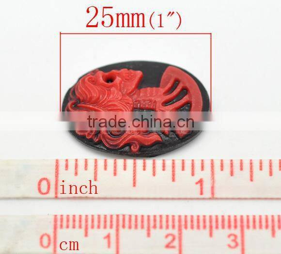 Red Resin Halloween Skull Pattern Oval Cameo 25x18mm(1"x3/4"), sold per packet of 50