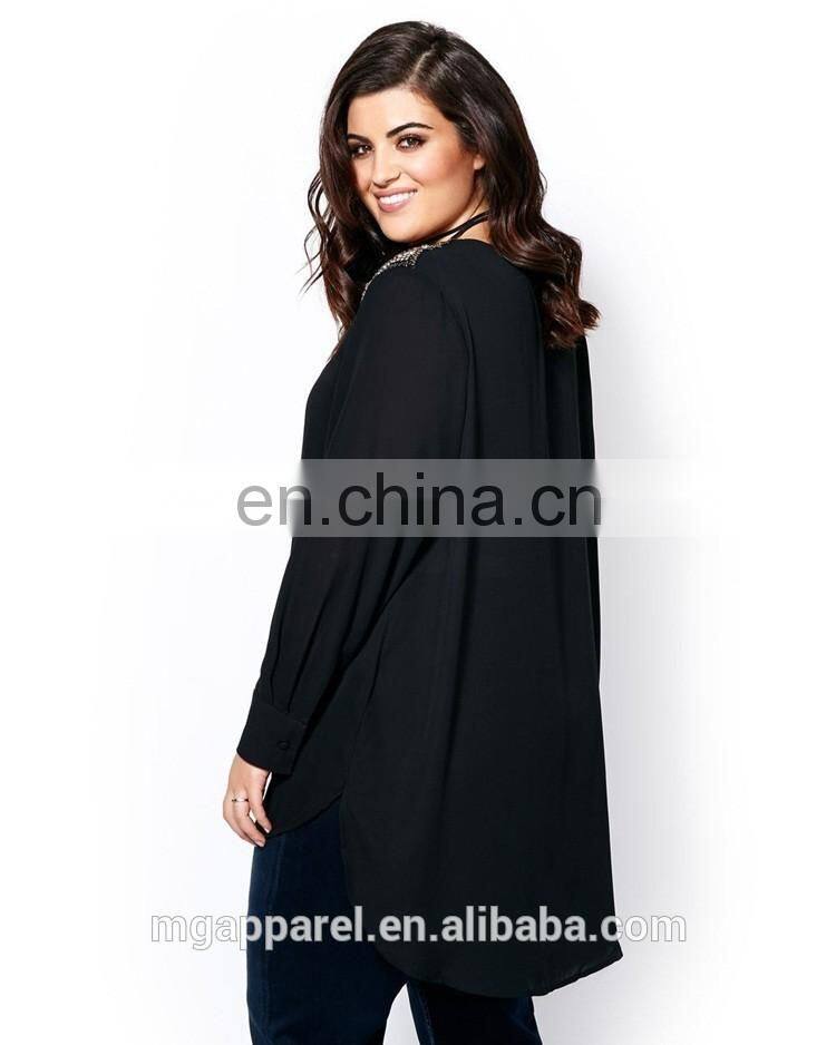 Casual Blouse For Fat Woman Fashion Design Long Sleeve Beaded Lady Blouse