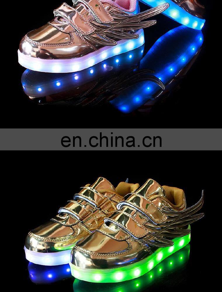 Wholesale hot sell Mirror-PU leather Led light up kids Wings shoes Children Led shoes sneakers with USB rechargeable