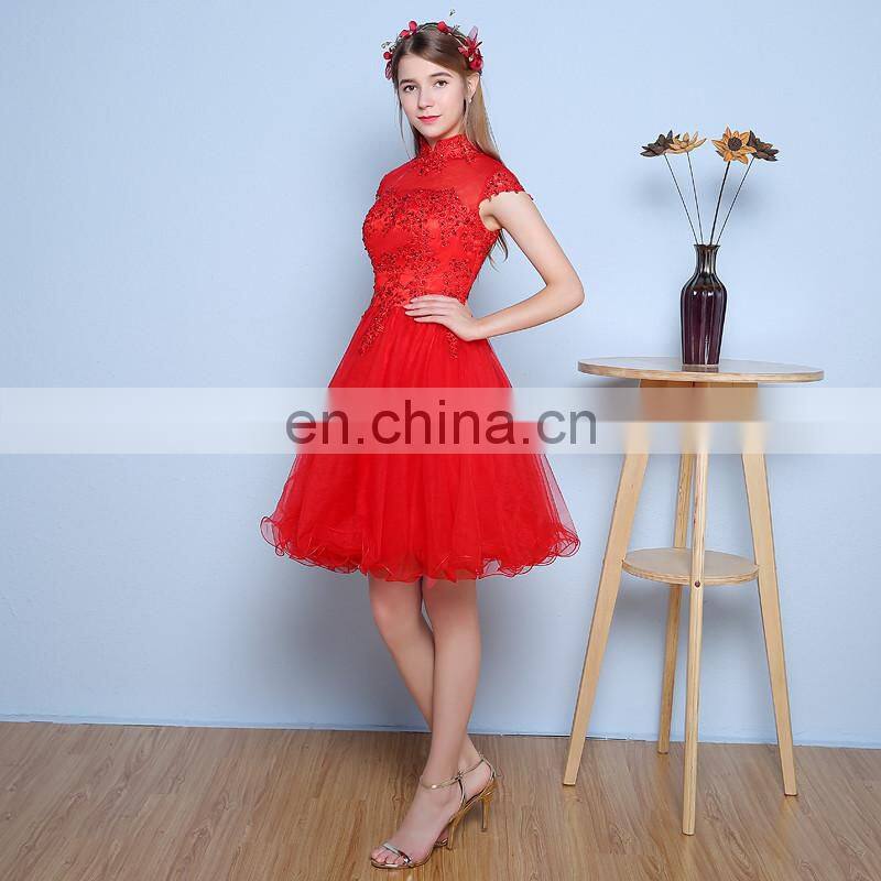 Elegant High Neck Sweet Red Capped A Line Knee-lemgth Tulle Backless Sequins Appliqued Evening Dress
