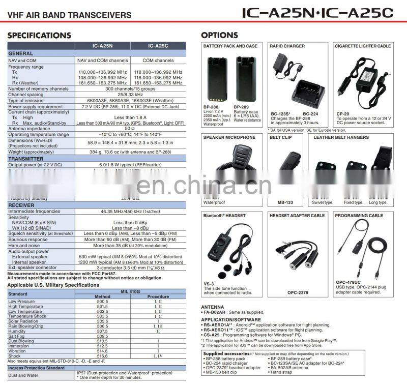 6 W (PEP) Powerful Air Band Radio with Built-in GPS ICOM IC-A25N handhold VHF air band transceiver