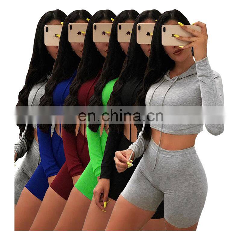 Manufacturer wholesale women's casual sexy hooded shorts sports fitness 2-piece suit custom hoodie crop top