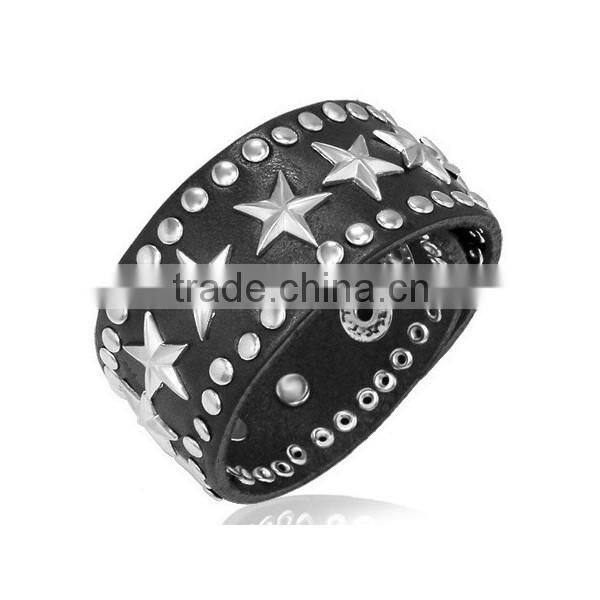 Punk Black Wide Leather Bracelet Wristband Fiver-Pointed Star Rivet Chain Bangle