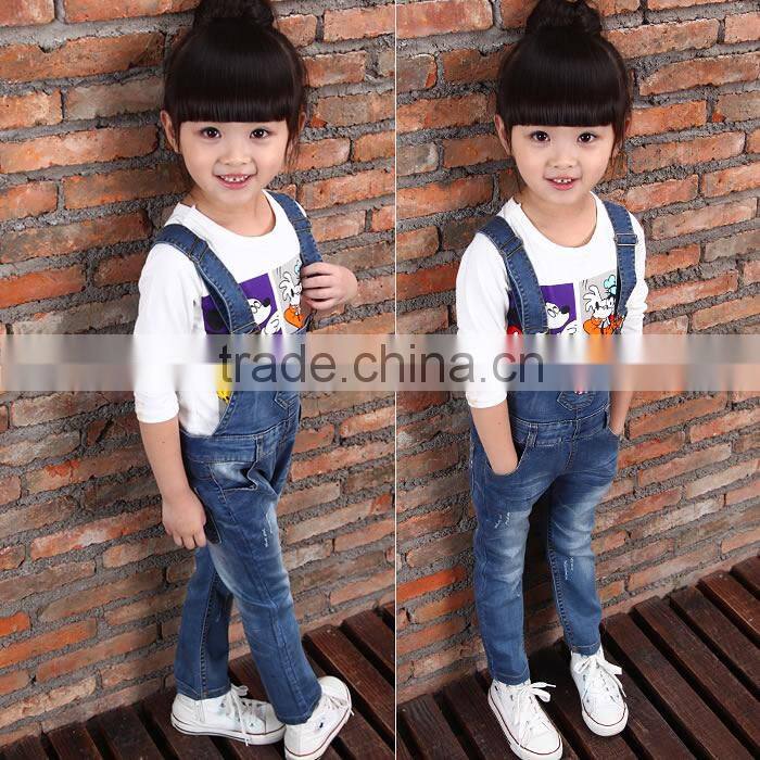 Children denim suspender trousers , 100% cotton Tshirt Children Suit OEM clothing supplier