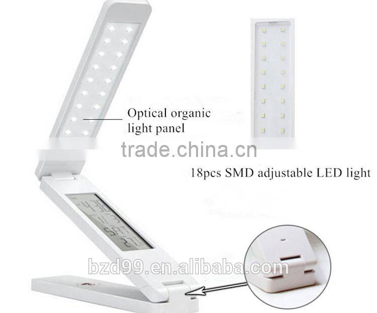 Fashionable USB Port Recgargeable Flexible Folding LED Table Lamp with Calendar Timer Temprature and Alarm Clock Functions