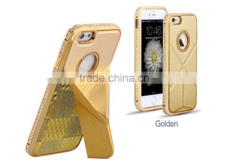 Luxury Plaid Pattern Cowhide Leather Back Cover with Kickstand Diamond Chrome Edged Bumper Hard Case for Iphone6 6plus