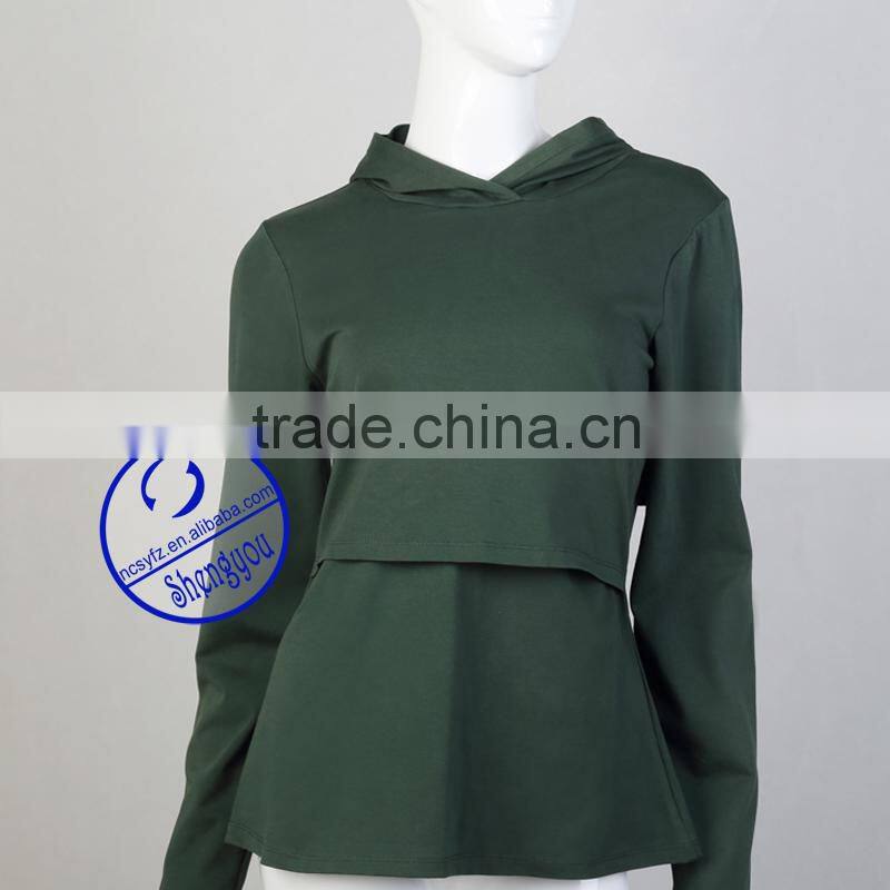 OEM Long sleeve woman maternity clothing pregnant breastfeeding top tshirt with hoodie china wholesale