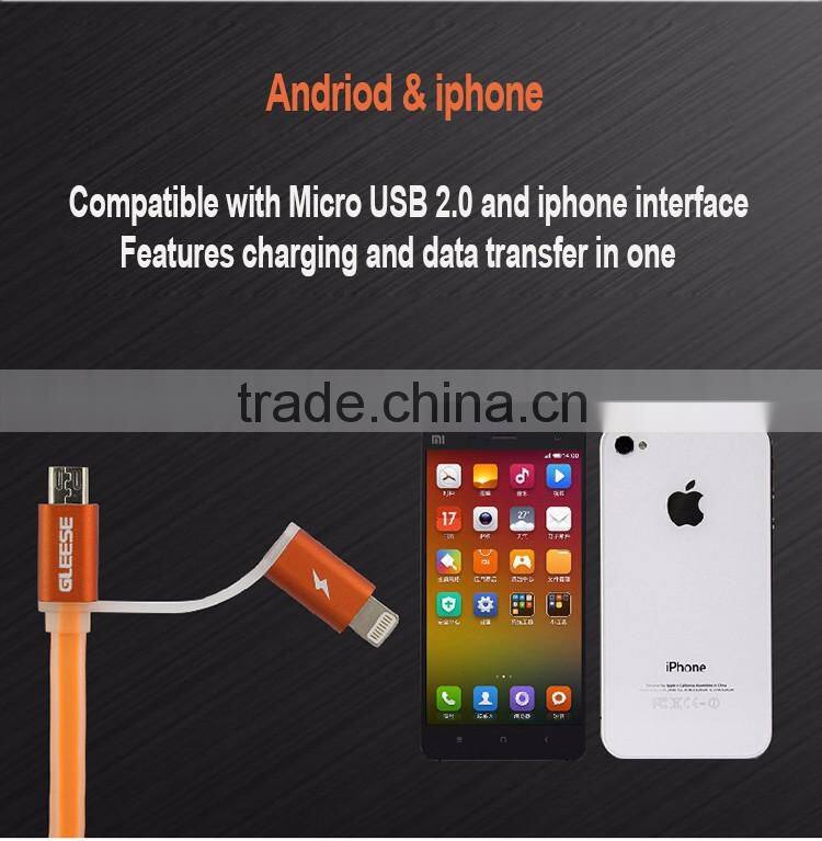 Gleese New Original 2 in 1 Micro USB Flat Cable 1M Data Sync Charging USB Cable For iphone 5S/ 6 Plus Samsung