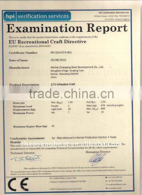 CE Authenticate PVC or Hypalon aluminum inflatable