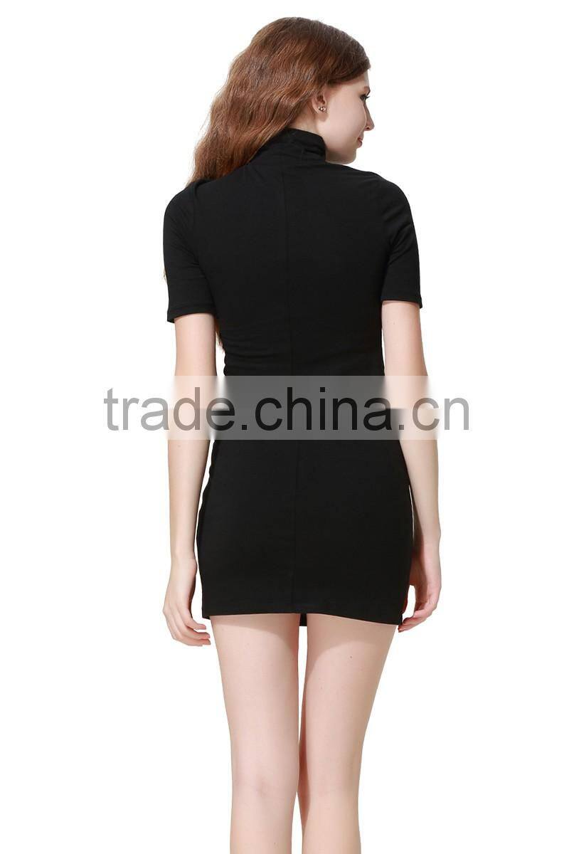 Women's Turtleneck Short Sleeve Knit Stretchy Tank Mini Dress Black Solid Dress Manufacturer Factory Guangzhou