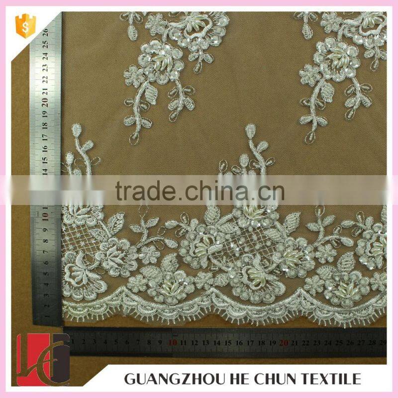 HC-6108-1 Hechun Clear Sequin Bead White Embroidery Net Bridal Lace Fabric