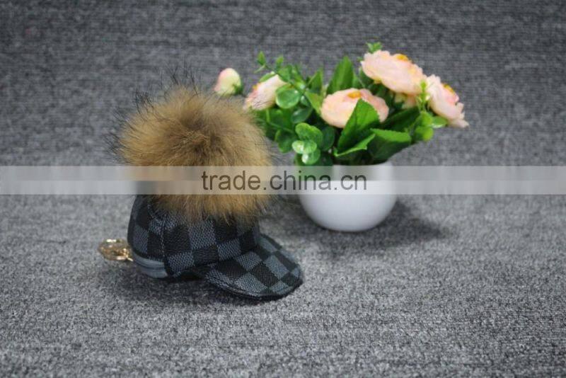 Hot sale cute hat with raccoon fur keychain for smartphone/hand bag/car