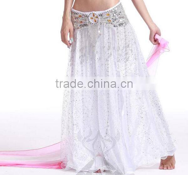 Brisk Net Fabric and Satin Belly Dance Skirt Split on Both Lateral , White Belly Dancing Skirt