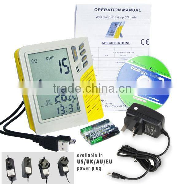 Made in Taiwan /0~999ppm Clock + 32000 points Digital Wall Mount/Desktop Carbon Monoxide CO Sensor Data Logger Monitor