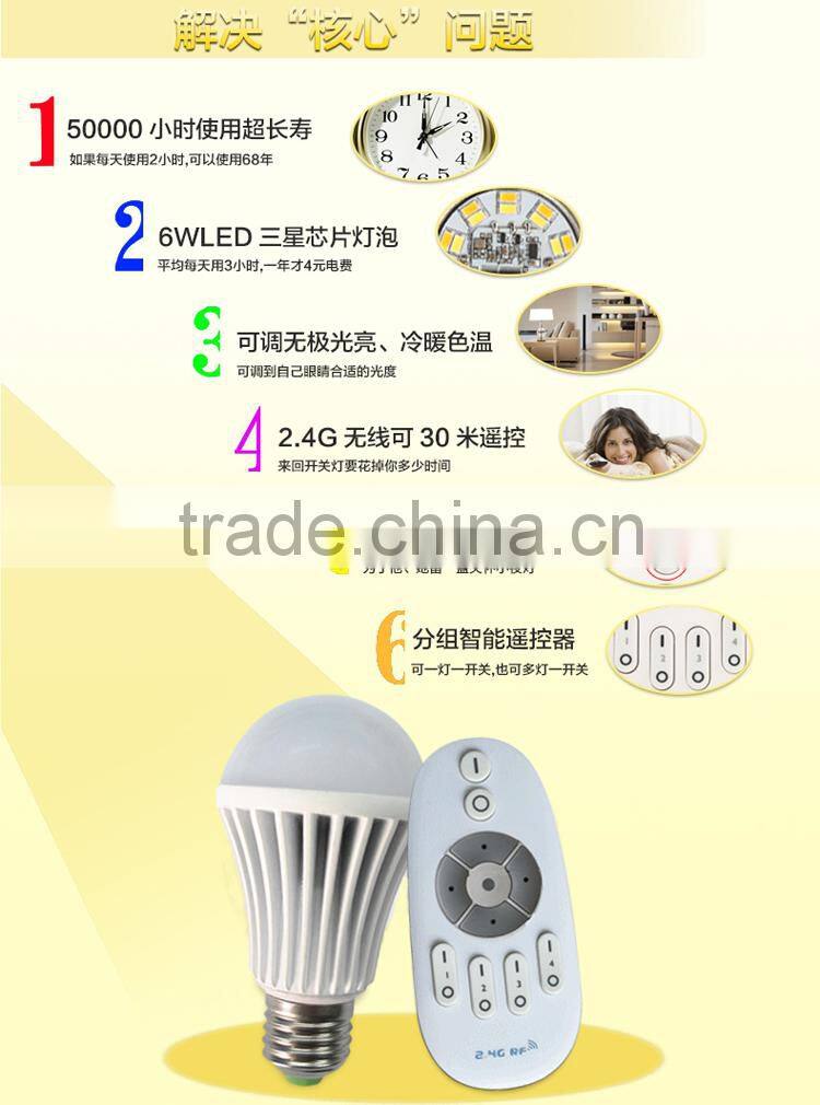 New 2.4G Wireless E27 6W/9W/12W led lighting Bulb Lamp light with Remote controller(6W)