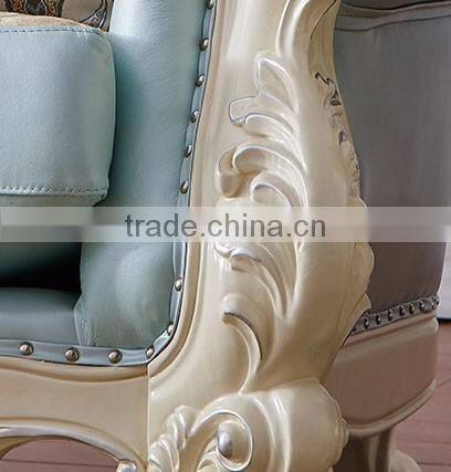 French romantic flower carving blue leather sofa set
