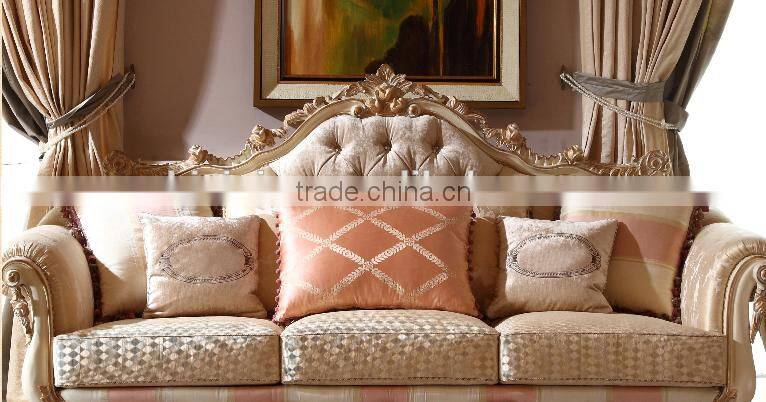 Luxury solid wood home furniture flower carving fabrice sofa set