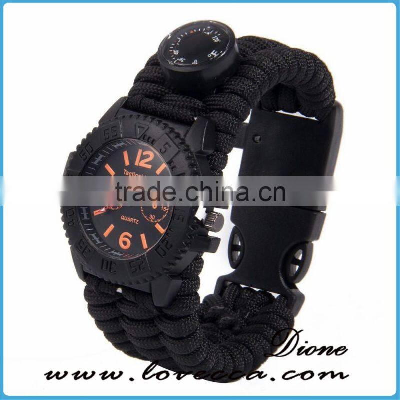 Multifuctional Paracord survival Watch with Compass Whistle Fire Starter Watchband Bracelet Outdoor Activities Tool