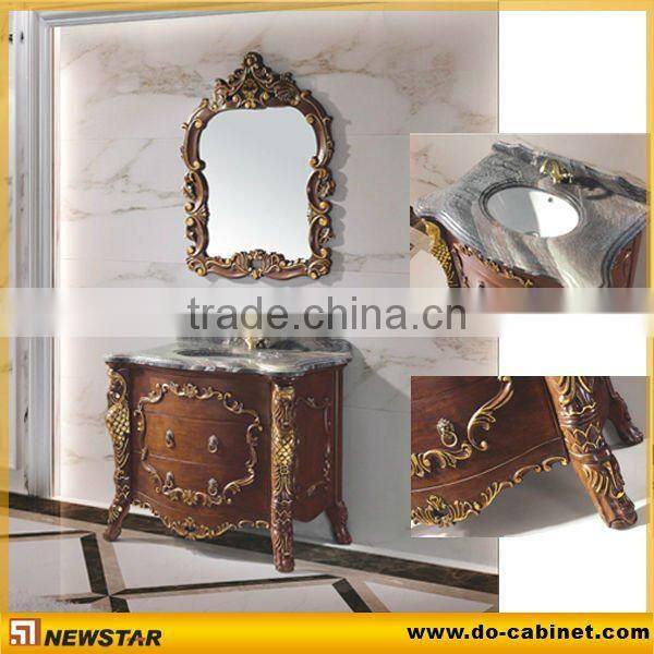 bathroom vanity cabinet with marble countertop and ceramic basin