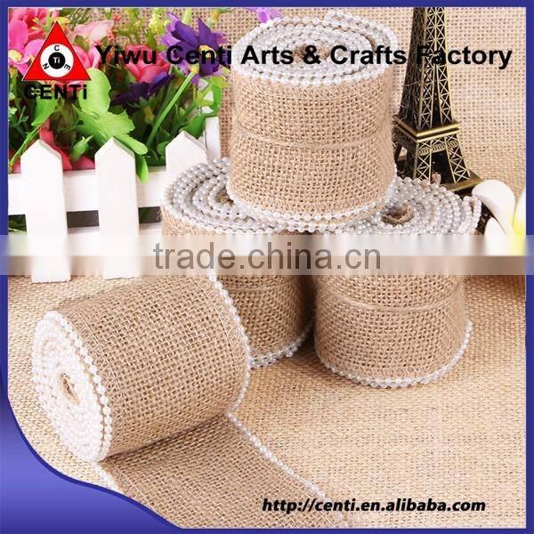 Natural Decorative Jute Hessian Burlap Ribbon With Pearl Wholesale
