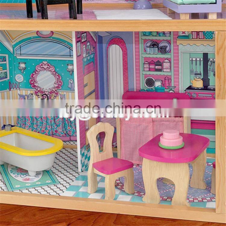 New design luxurious and attractive 34 furniture pieces girls wooden doll house toys W06A217