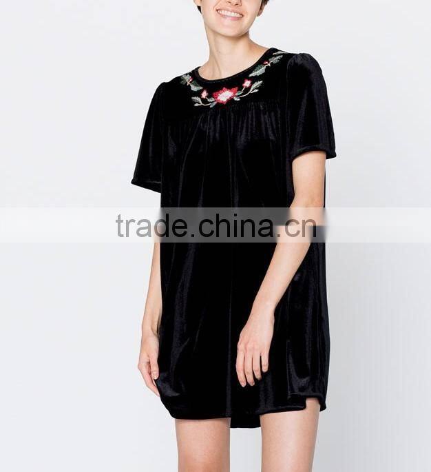 New Short Sleeve Floral Velvet Mini Dress Frock Design With Hand Embroidery Designs For Dress 2016 HSD5828