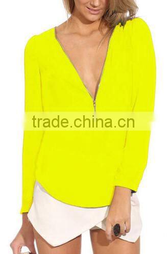 2016 New Fashion Women Autumn Sexy Long Sleeve Zipper Chiffon Blouse