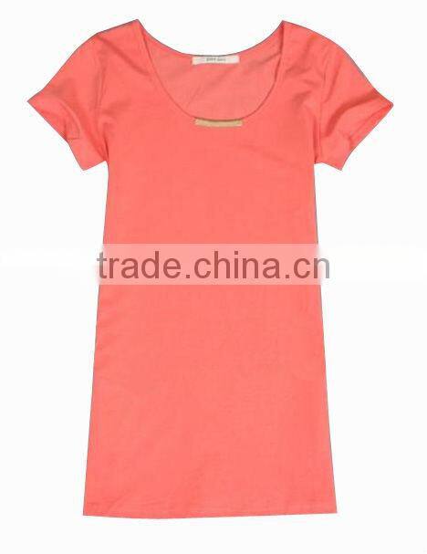 mental decorated scoop neck lady fashion pink rib trim at neck,cuff and hem lady shirt in bamboo fiber