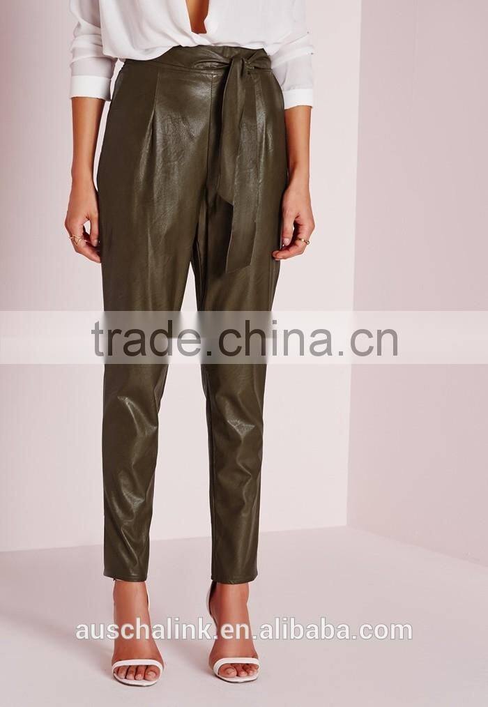new arrival khaki tie waist faux leather pants women