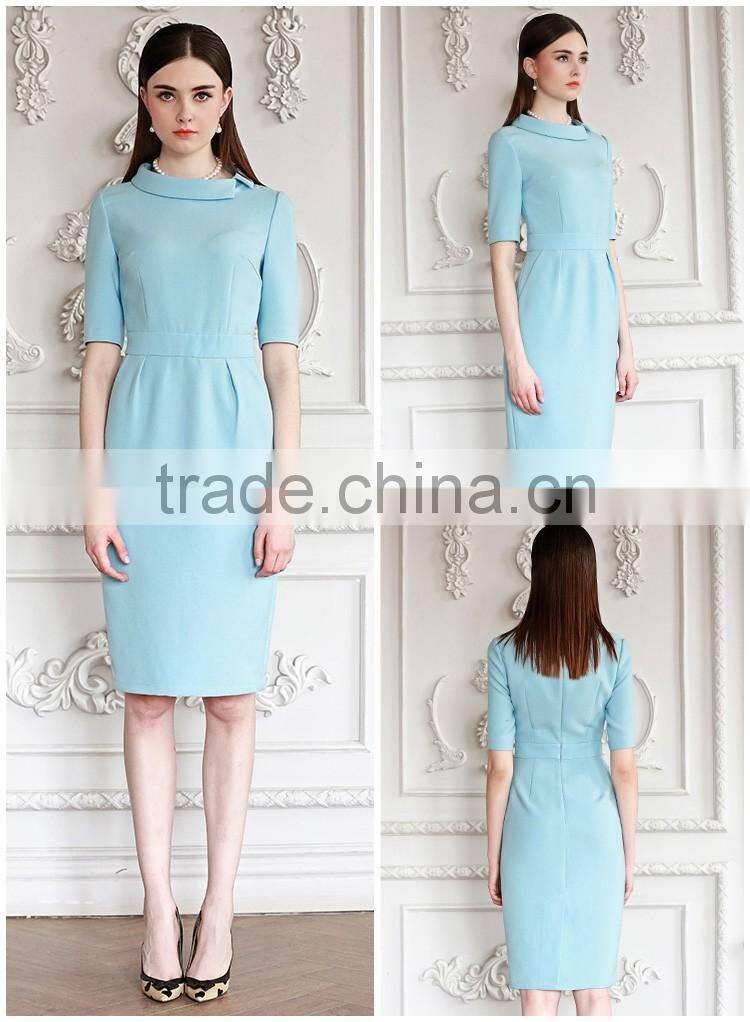 Ladies Slim Fit Light Blue Short Sleeve Elegent Dress