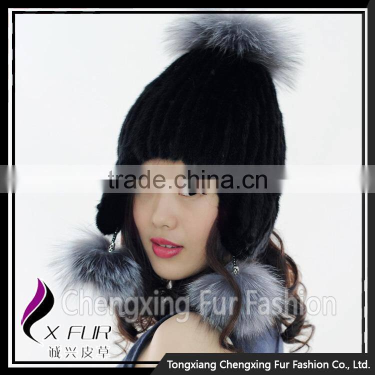 CX-C-42C Lovely Women Genuine Mink Fur Winter Hat Silver Fox Fur Ball