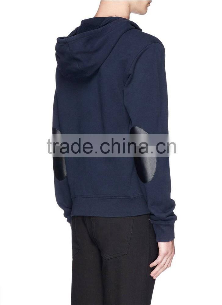 neck blank hoodie elbow leather no drawstring leather sleeve sweatshirt