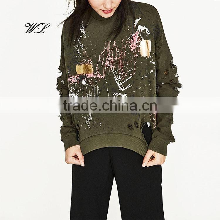 2017 Custom Distress Metallic Printed Lady Pullover Crewneck Plain Knit Fabric Sweatshirts