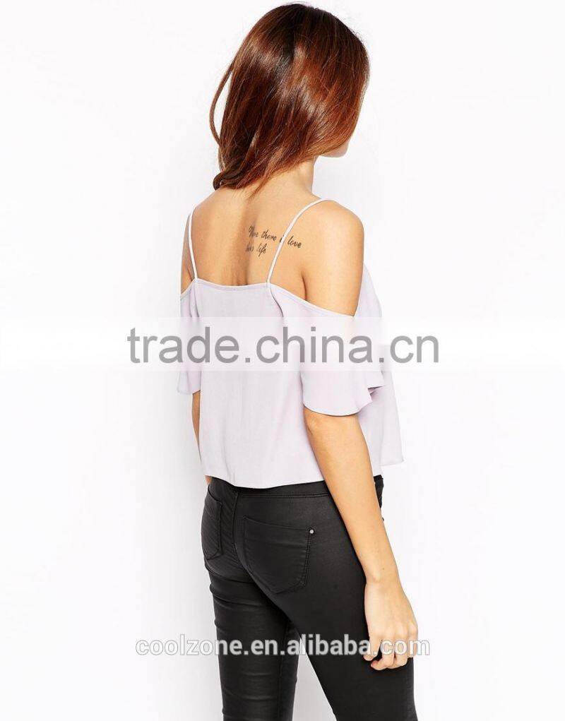 Fashion off the shoulder semi mesh crop top strap chiffon tank top
