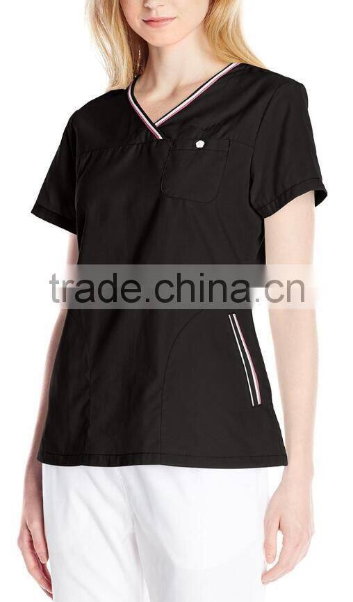 women's sporty crossover V-Neck scrub top stripe trim nurse uniform