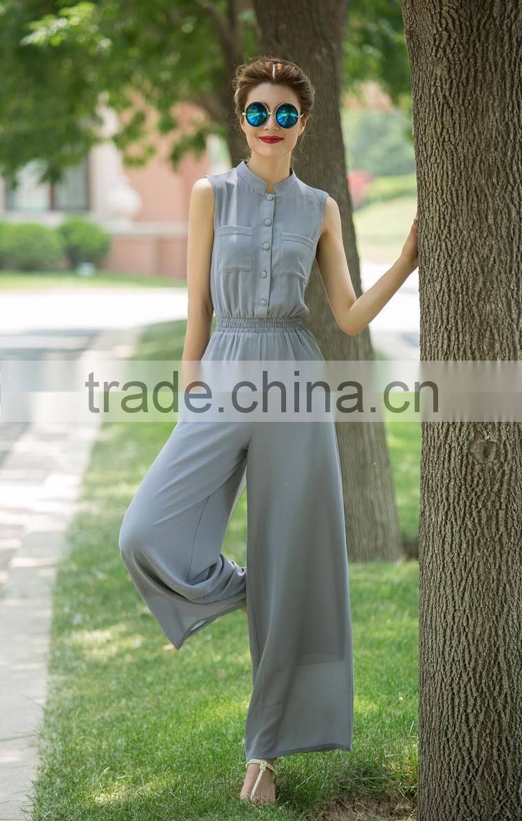 grey chiffon button-up jumpsuit dress pants with elastic band