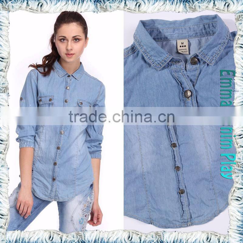 Soft Smooth Breathable Light Blue Color Fade Protected Enzyme Bleaching Washed Combed Cotton Lady's Denim Long Sleeve Shirts
