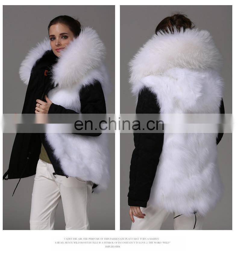 Fashion Women Black Jacket With Raccoon Collar And White Fox Fur Coat