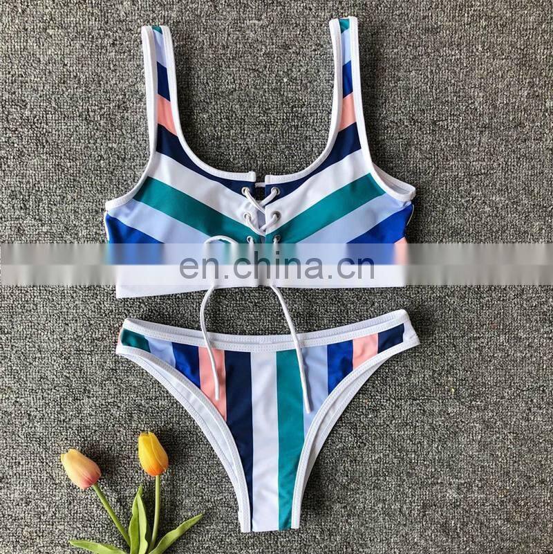 rainbow Striped Bikini Tied Tassel Top Swimsuit Women Push Up Swimwear Summer BeachWear Strapped Bikini Sets Bathing Suit