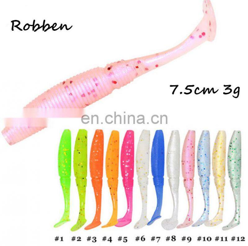 7.5cm 3g 6 pcs Per Bag Luminous T-Tail Grub Worm Fish Bait Fishing Soft Lure