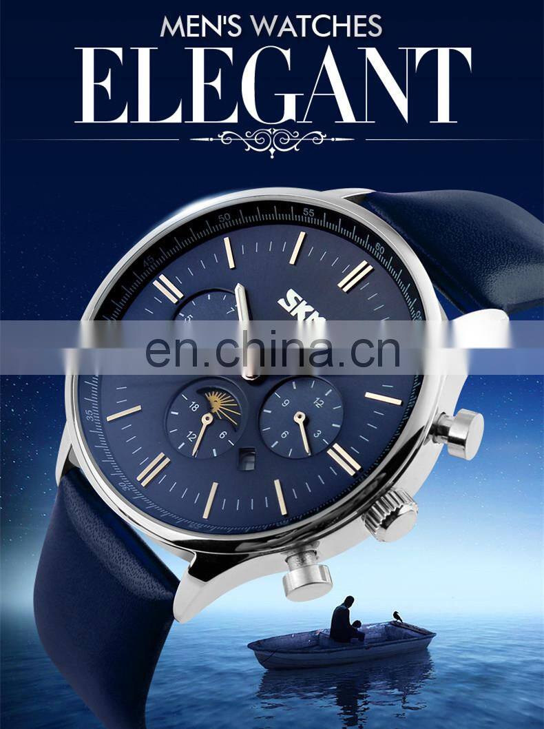 SKMEI 9117 Japan movt quartz watch stainless steel back wristwatch with leather strap