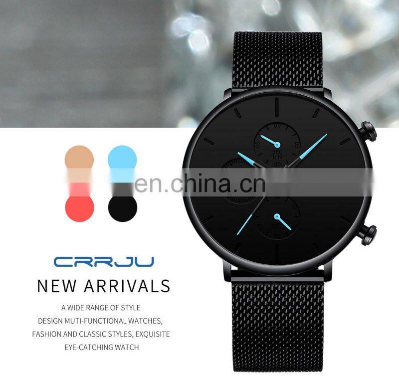 CRRJU 2268 Luxury Business Mesh Strap Watches Personalized Quartz Stainless Steel Calendar Male Watch