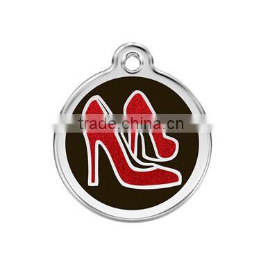 Round shaped red shoe stainless steel glitter enamel pet ID tag